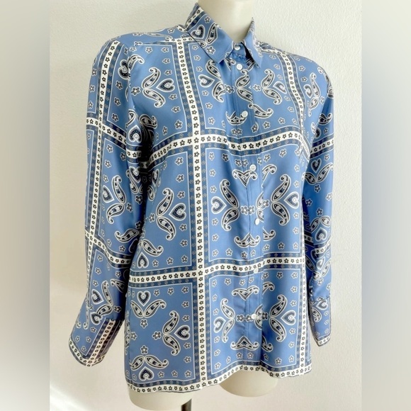 Sandro | Carlota Printed Silk Blouse Blue white size 1 (small) - Picture 6 of 13